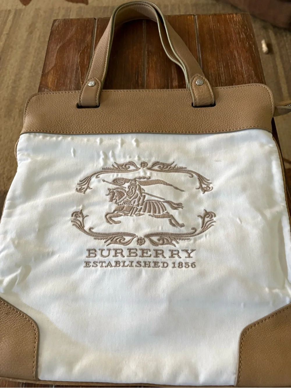 Burberry White and Tan Canvas Messenger Bag with Embroidered Equestrian Logo